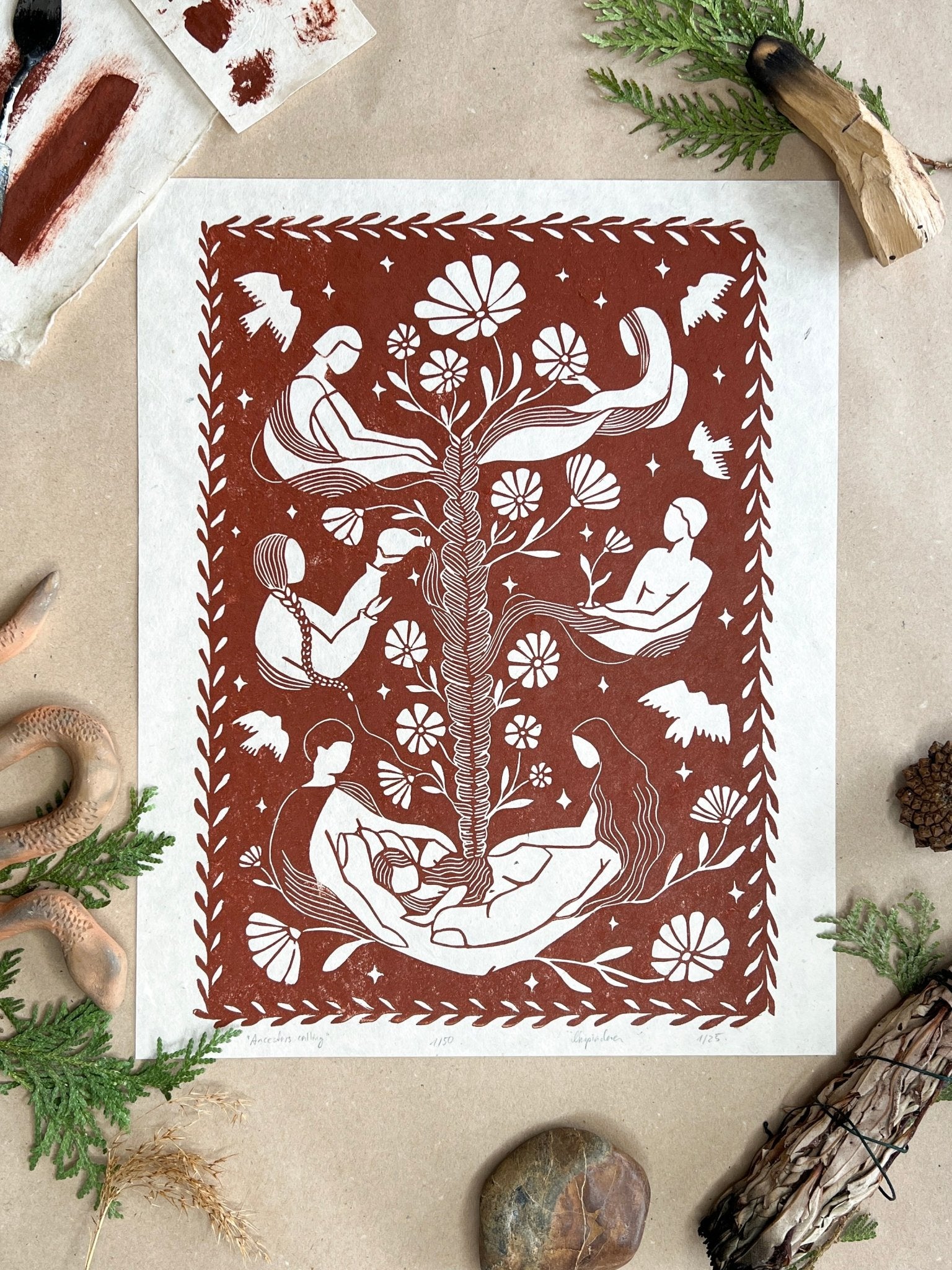 Ancestors Calling Linoldruck Limited Edition - art.from.ilkas.heart