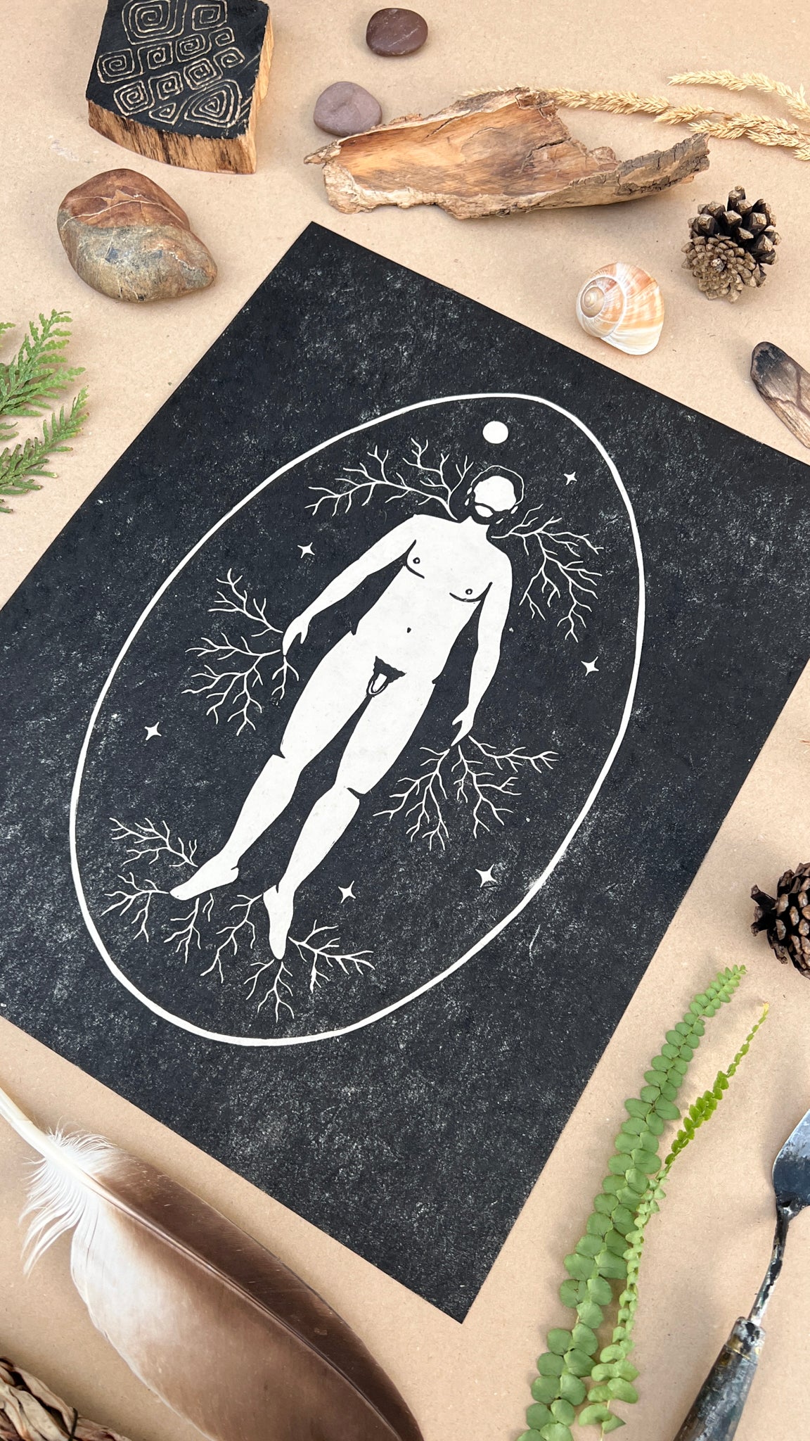 Der verwurzelte Mann Linoldruck - art.from.ilkas.heart