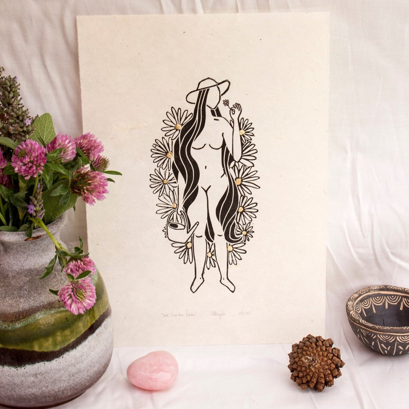 Die Gartengöttin Linoldruck - art.from.ilkas.heart