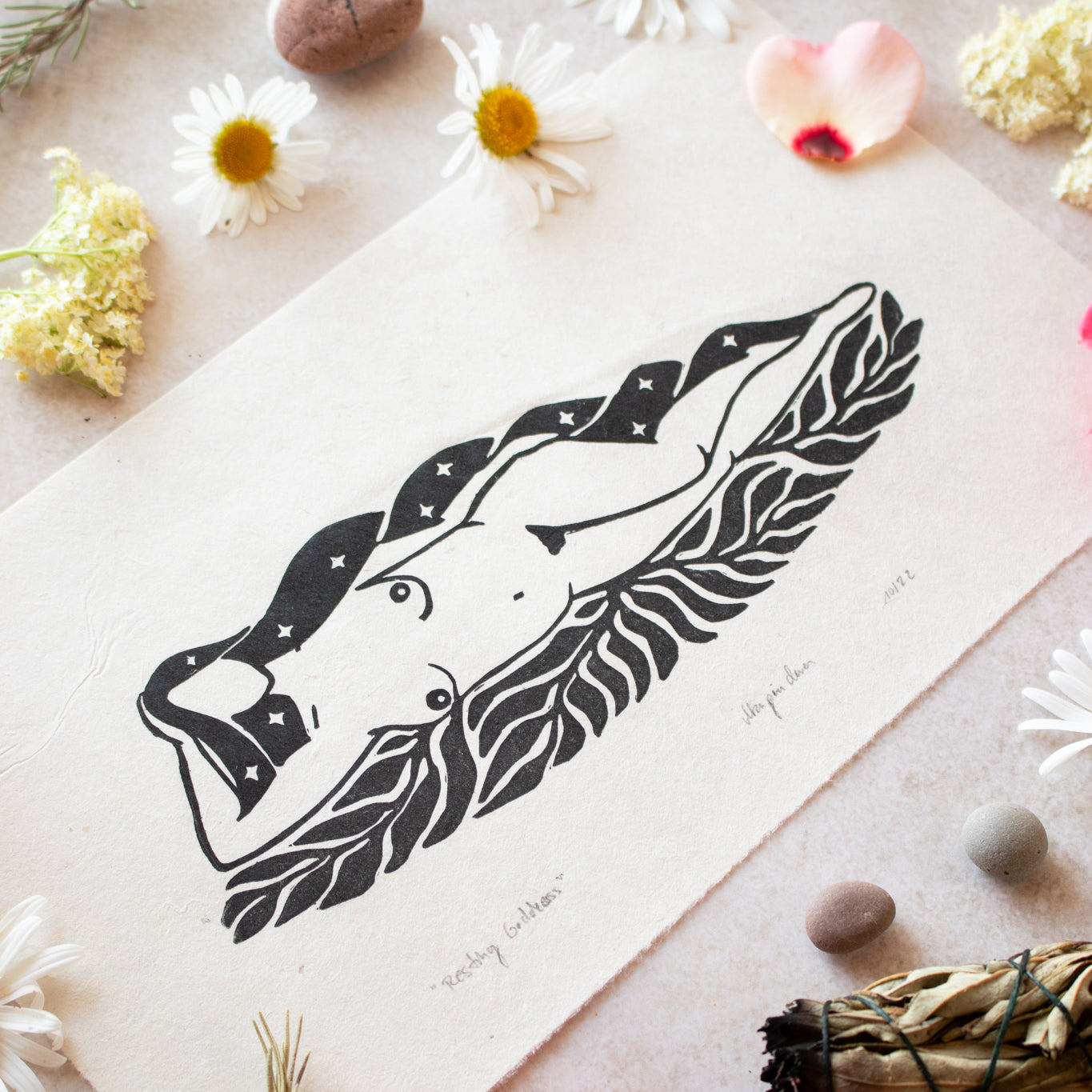 Die ruhende Göttin Linoldruck - art.from.ilkas.heart