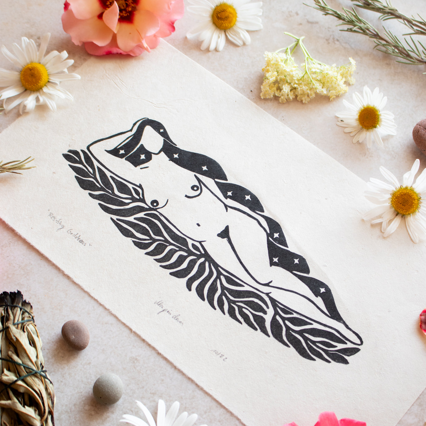 Die ruhende Göttin Linoldruck - art.from.ilkas.heart