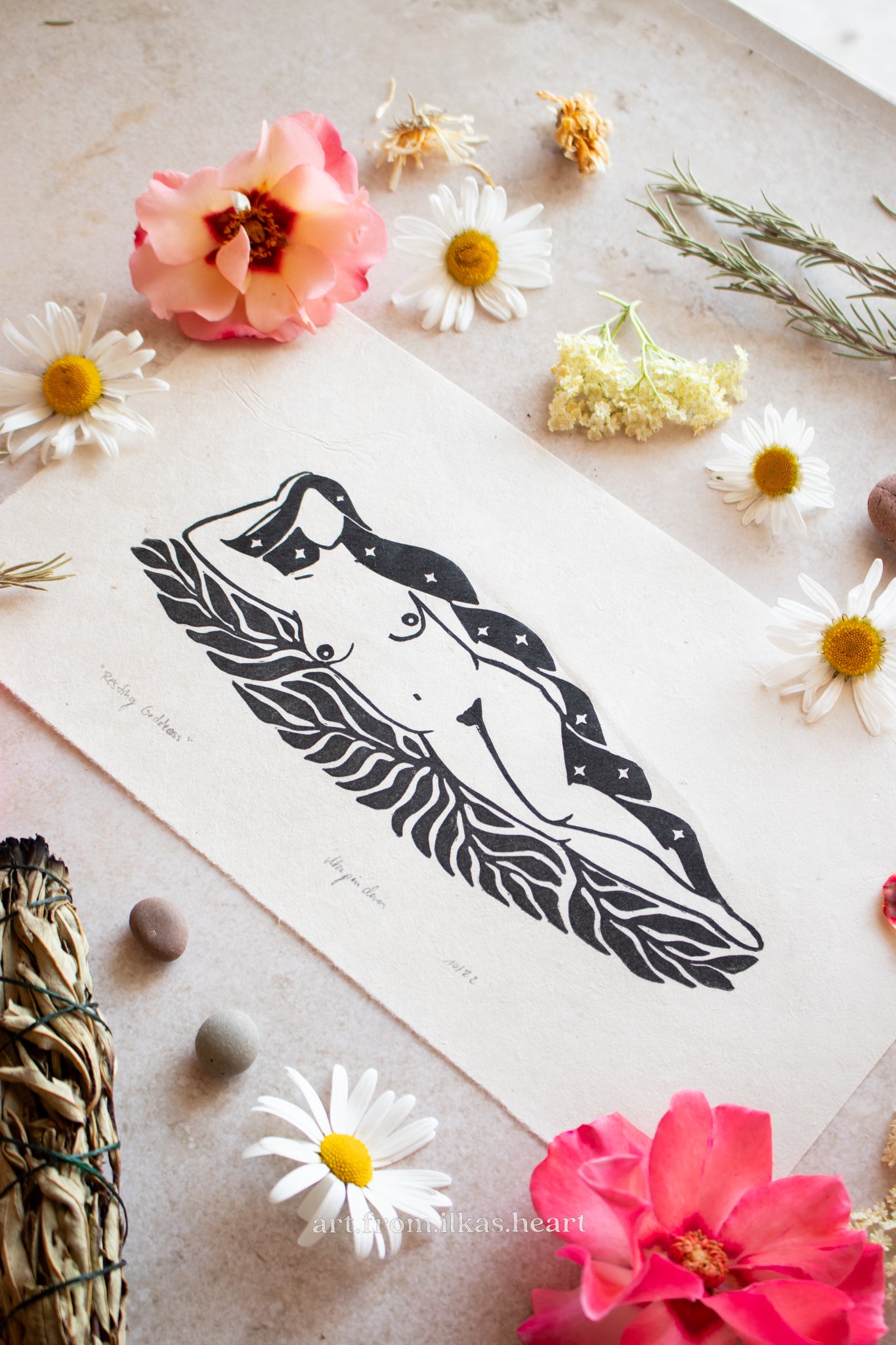 Die ruhende Göttin Linoldruck - art.from.ilkas.heart