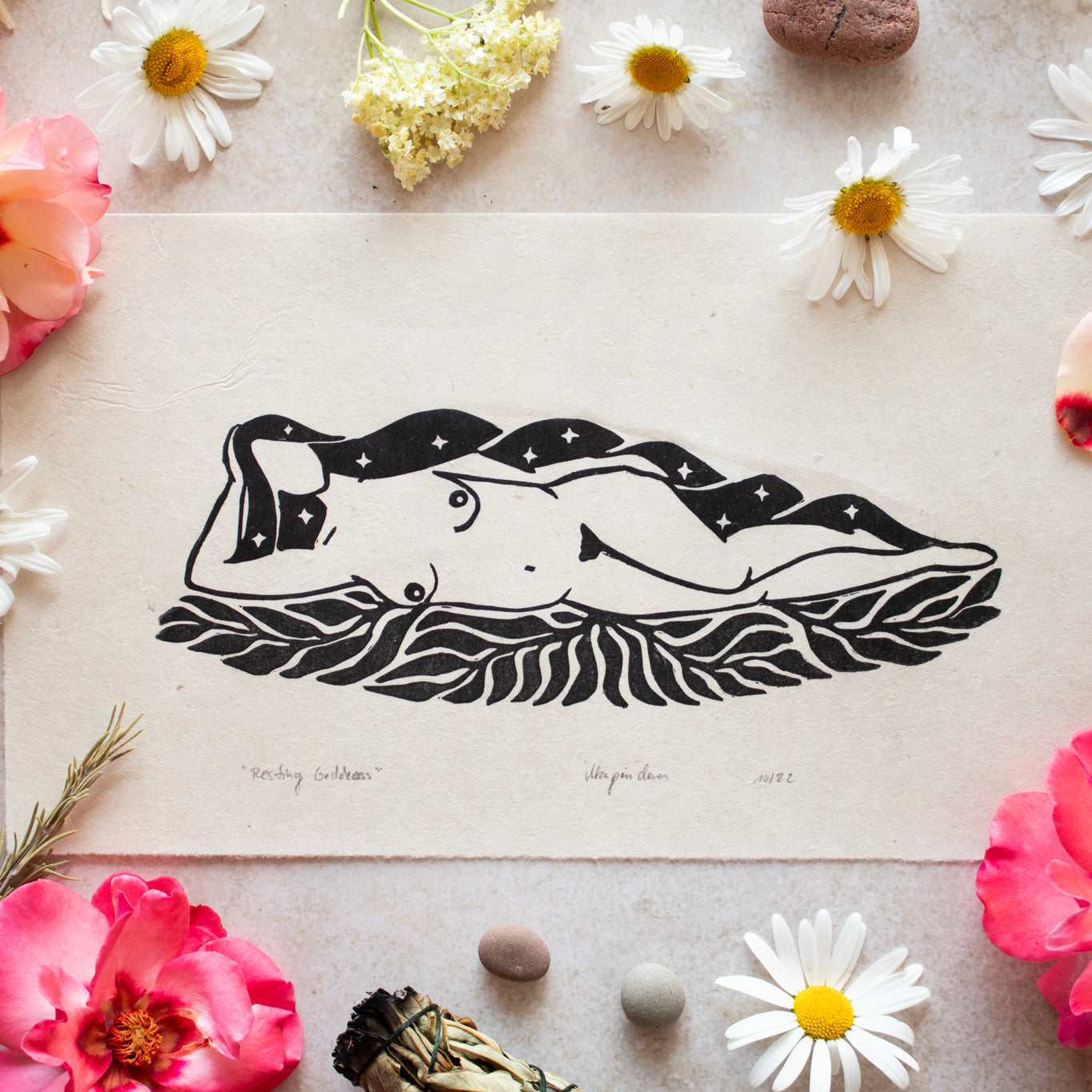 Die ruhende Göttin Linoldruck - art.from.ilkas.heart