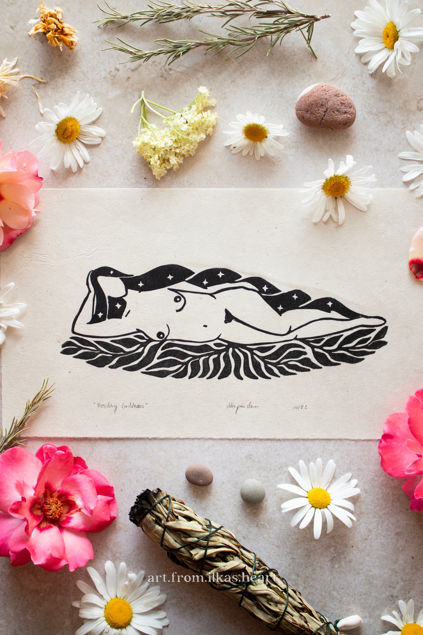 Die ruhende Göttin Linoldruck - art.from.ilkas.heart