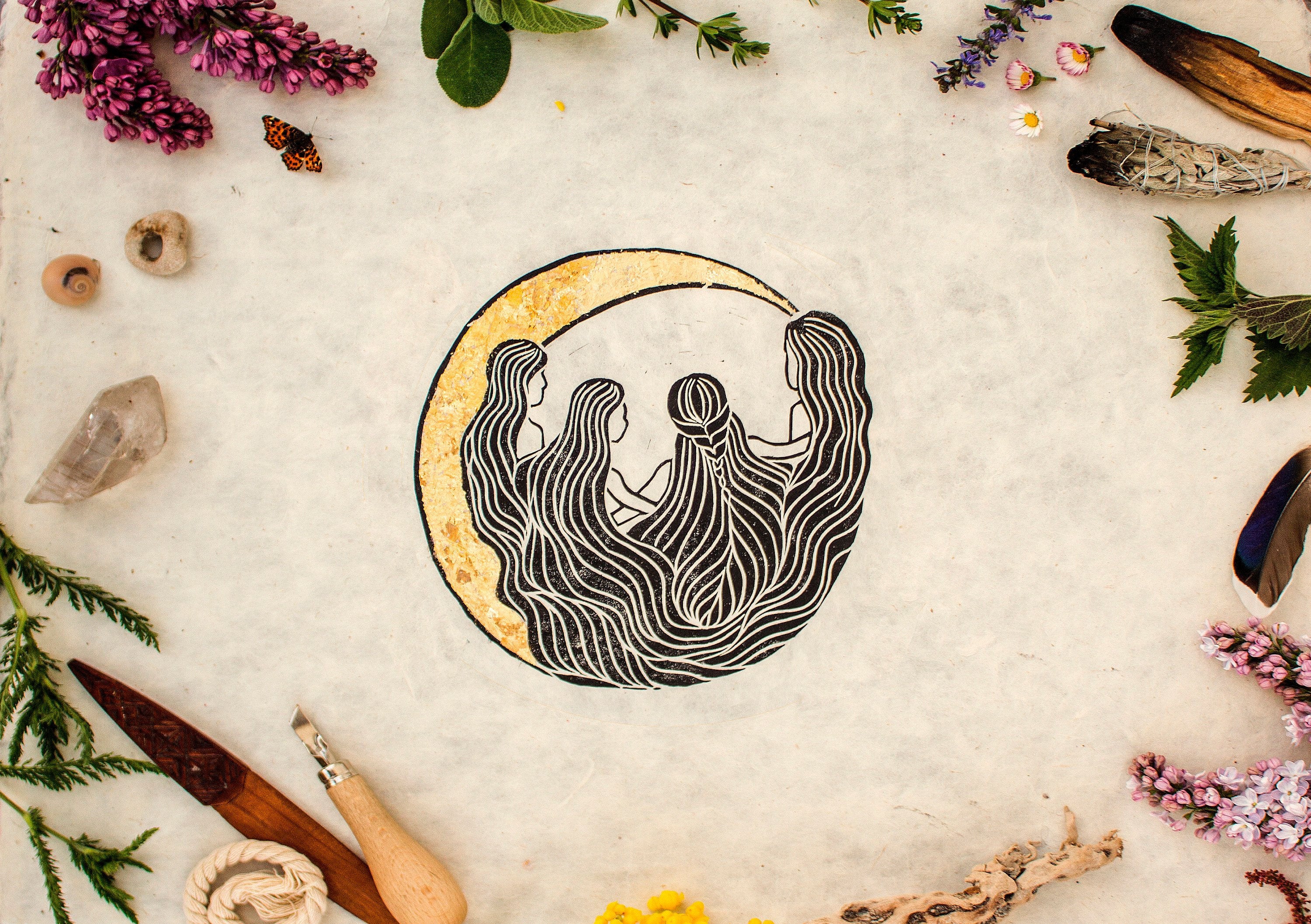 Die singenden Mondfrauen Linoldruck - art.from.ilkas.heart