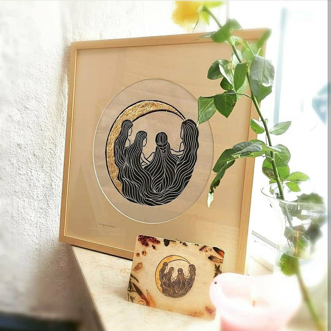 Die singenden Mondfrauen Linoldruck - art.from.ilkas.heart
