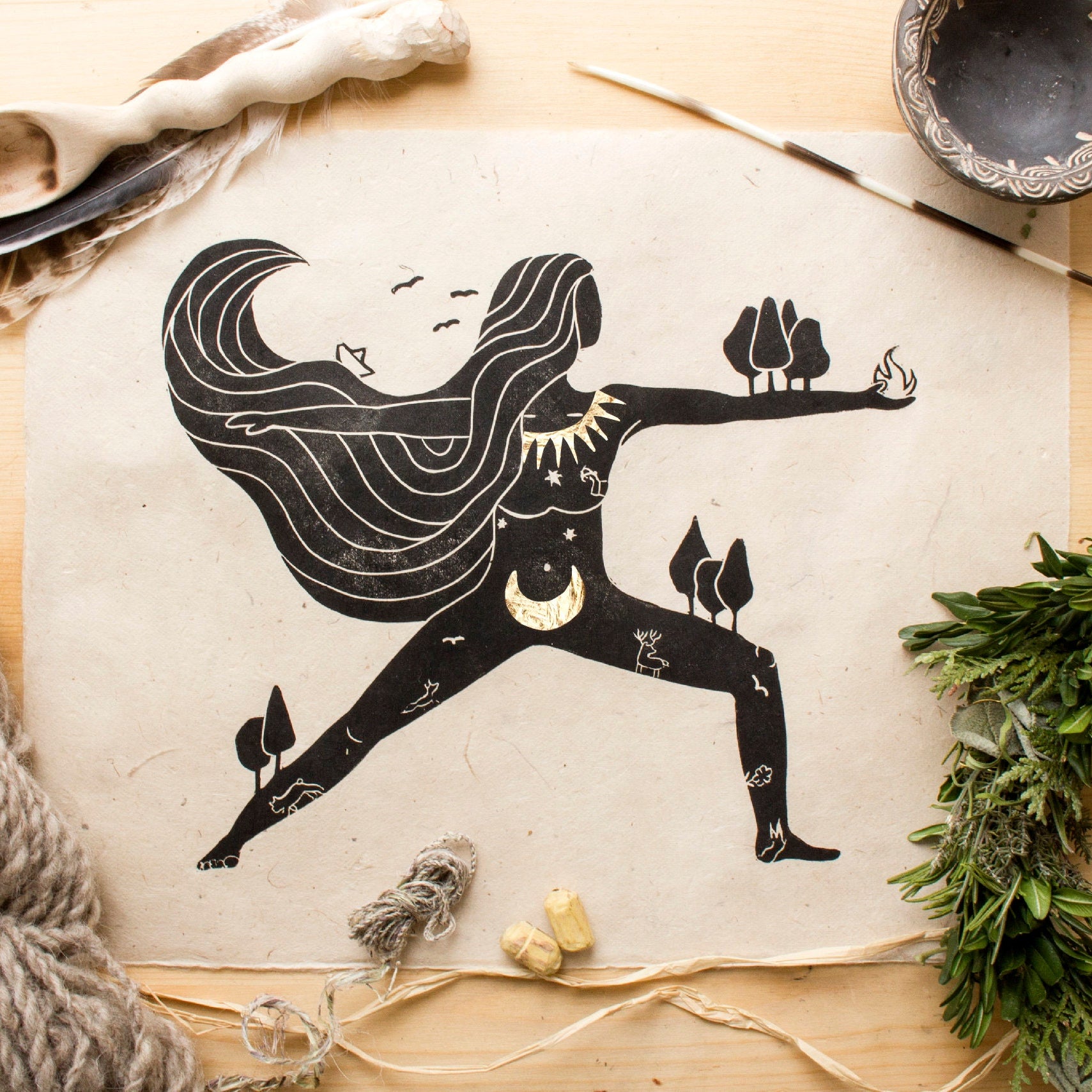 Die wilde Göttin Linoldruck - art.from.ilkas.heart