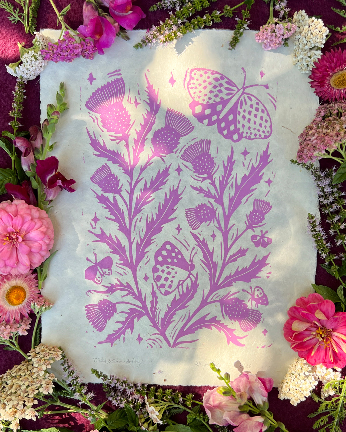 Distel & Schmetterling - Linoldruck - art.from.ilkas.heart