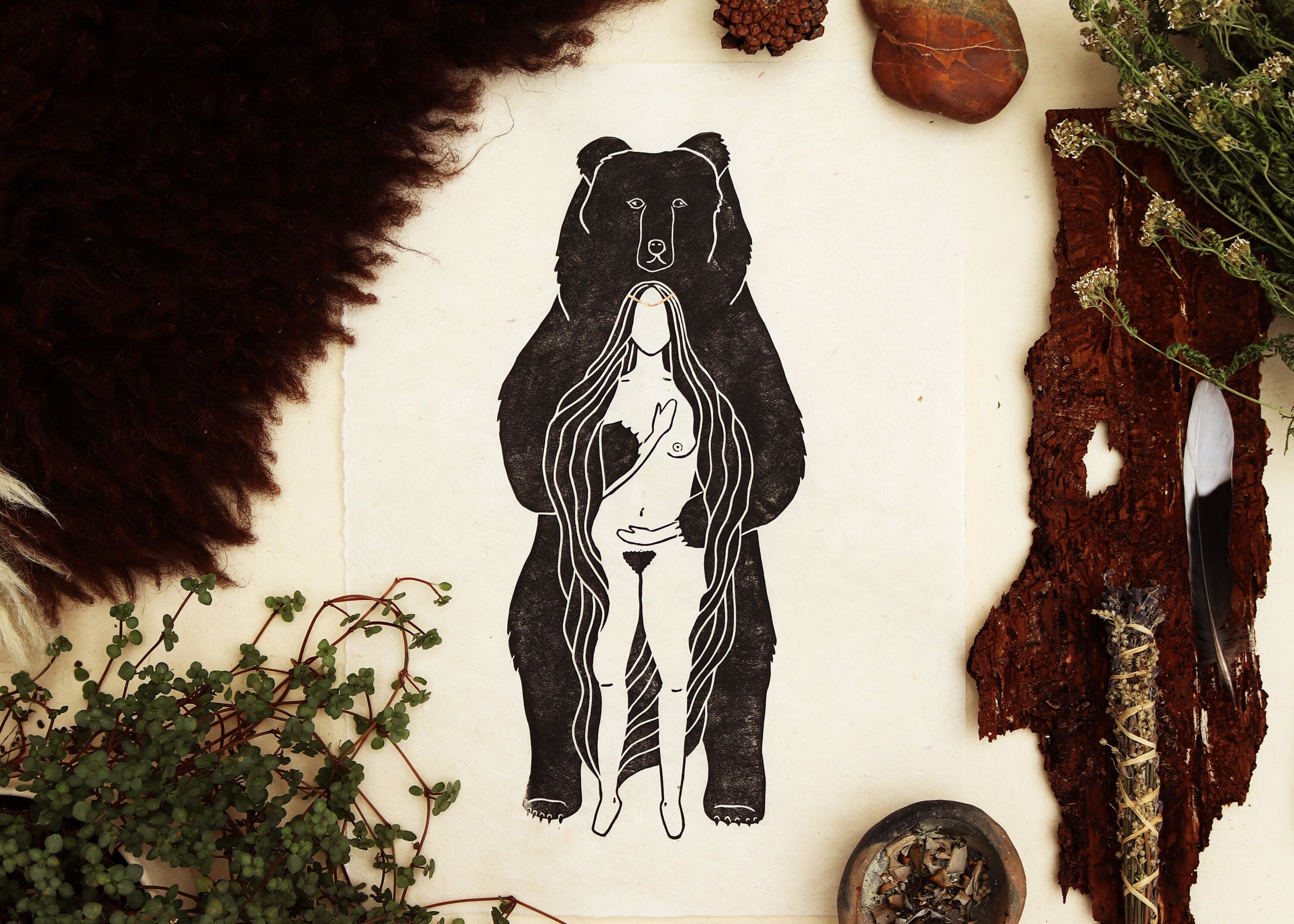 Bärengöttin Linoldruck - art.from.ilkas.heart