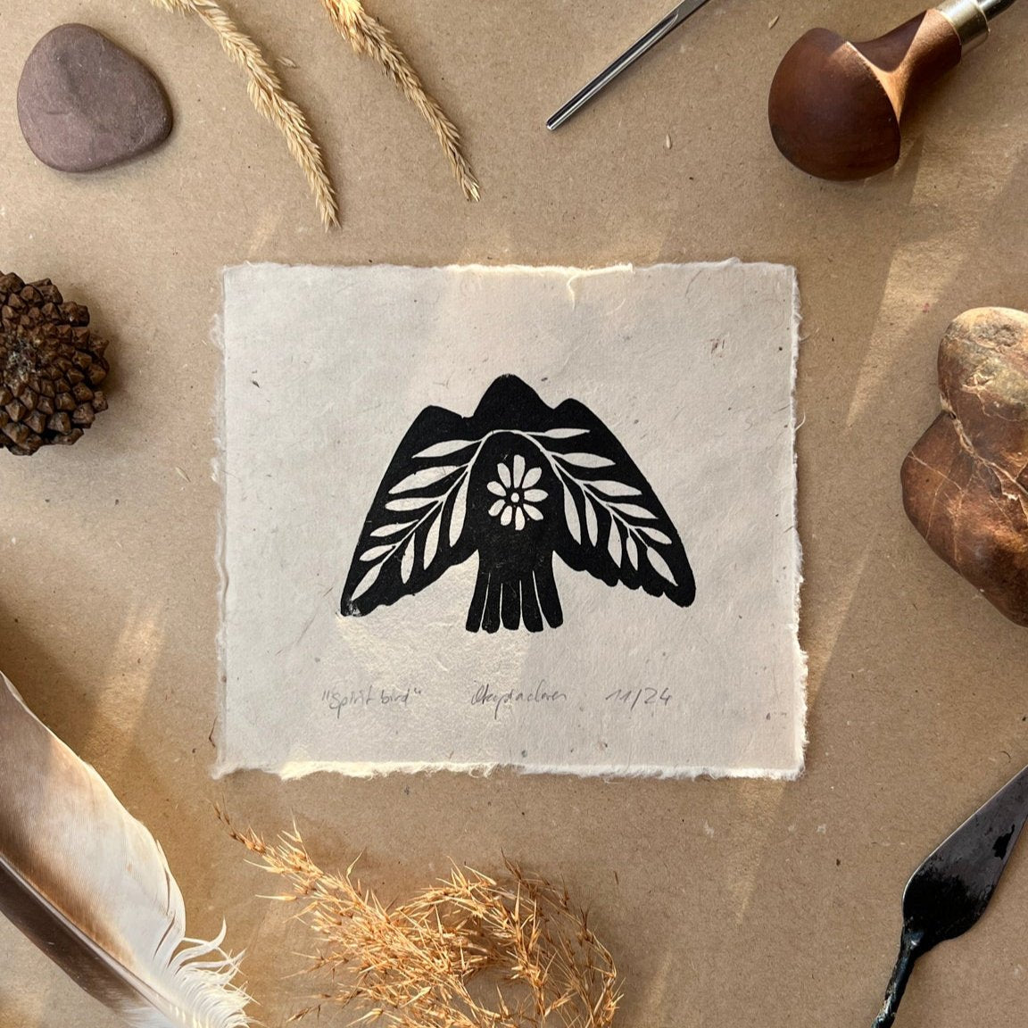 Seelenvogel Linoldruck NEUE FARBE - art.from.ilkas.heart