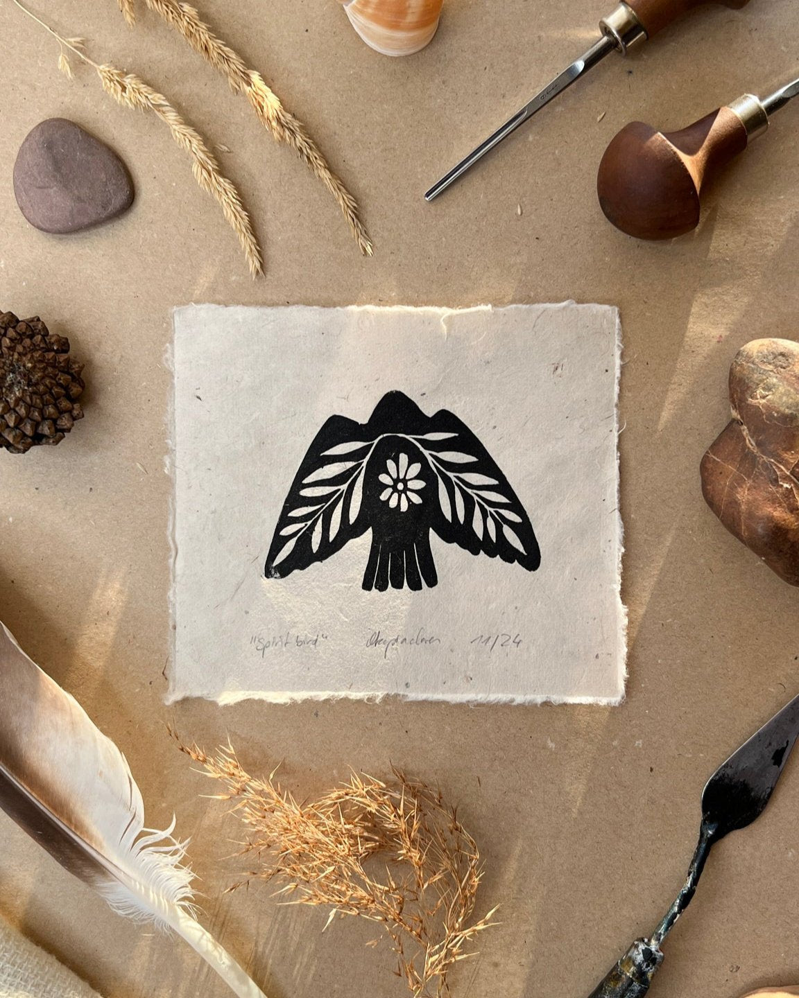 Seelenvogel Linoldruck NEUE FARBE - art.from.ilkas.heart