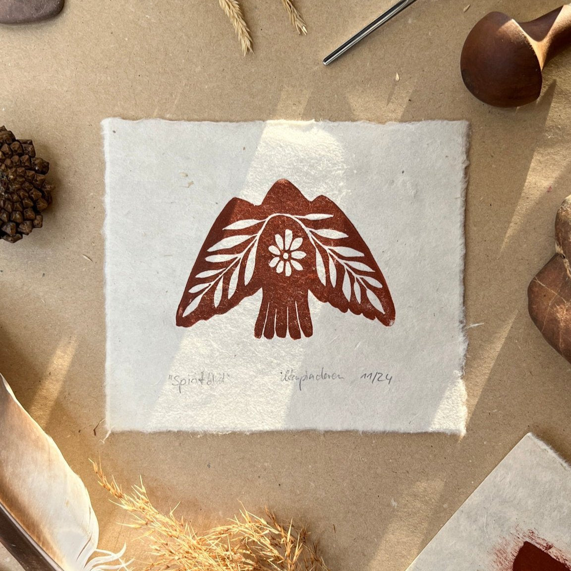 Seelenvogel Linoldruck NEUE FARBE - art.from.ilkas.heart