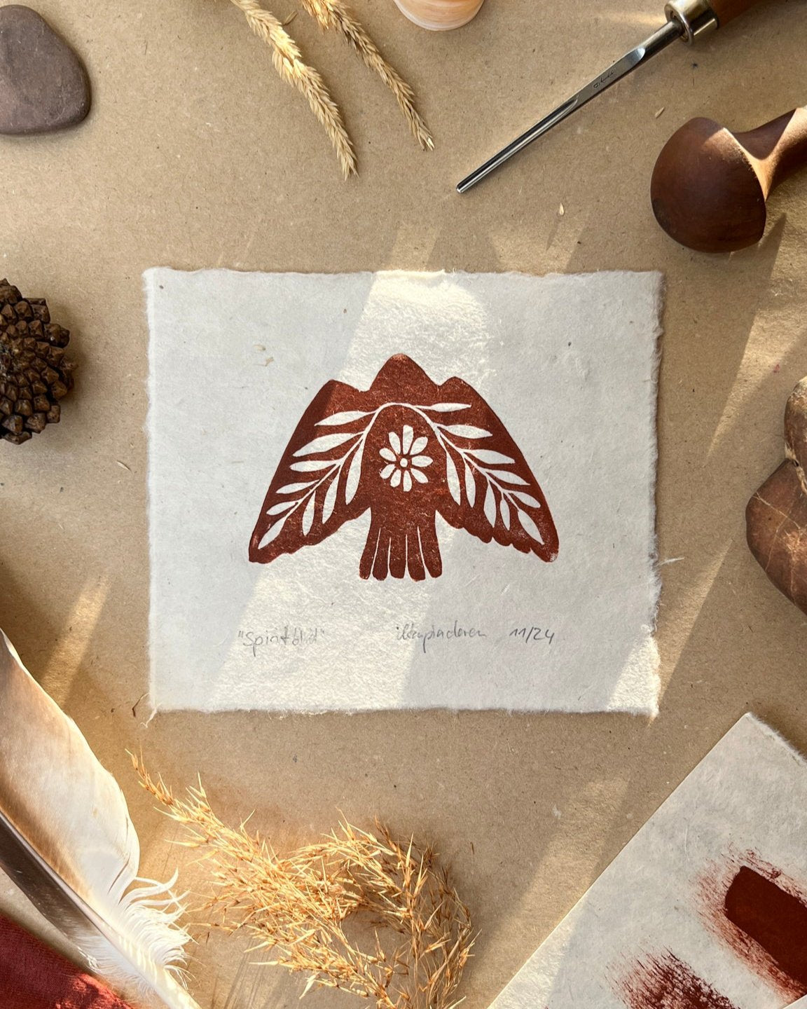 Seelenvogel Linoldruck NEUE FARBE - art.from.ilkas.heart