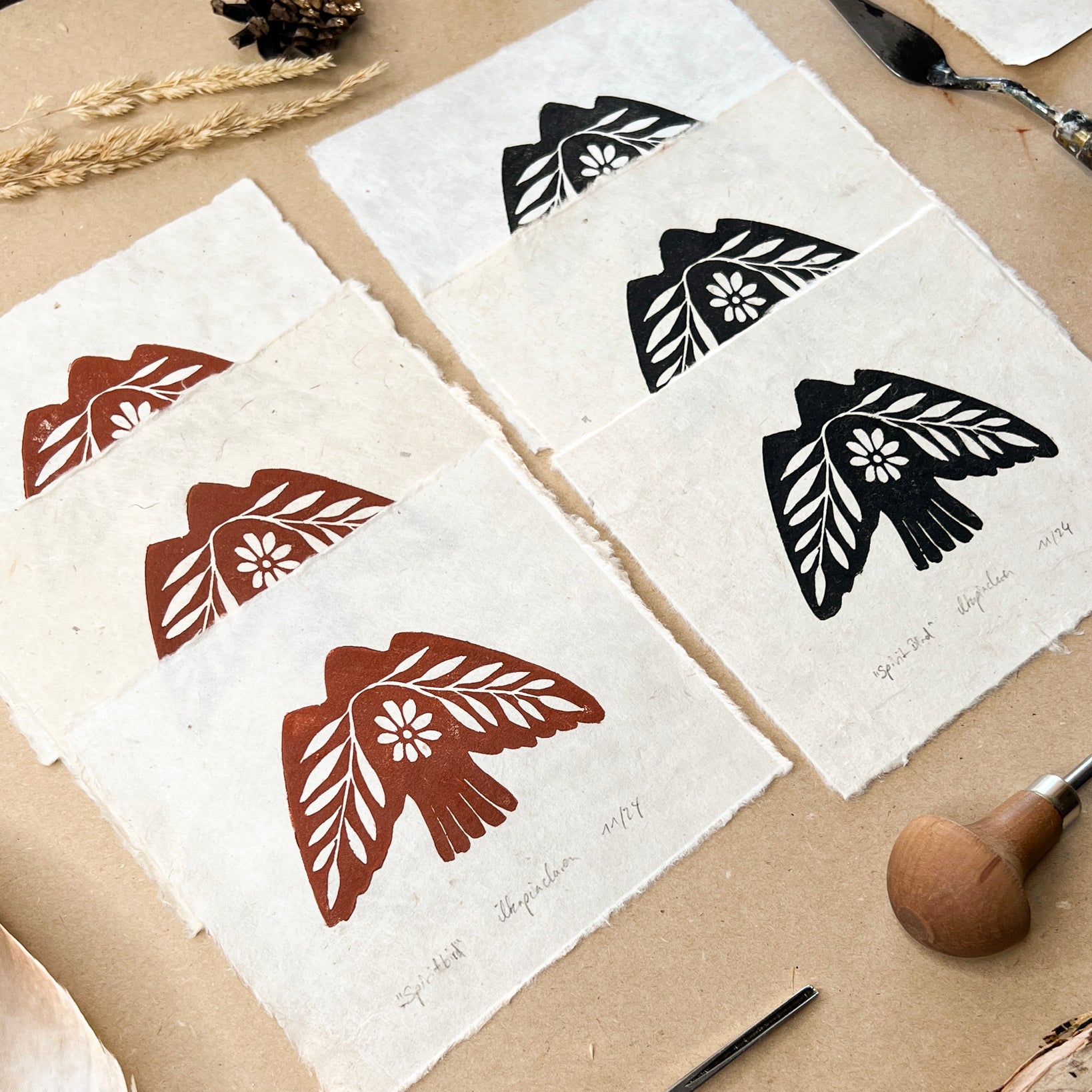 Seelenvogel Linoldruck NEUE FARBE - art.from.ilkas.heart