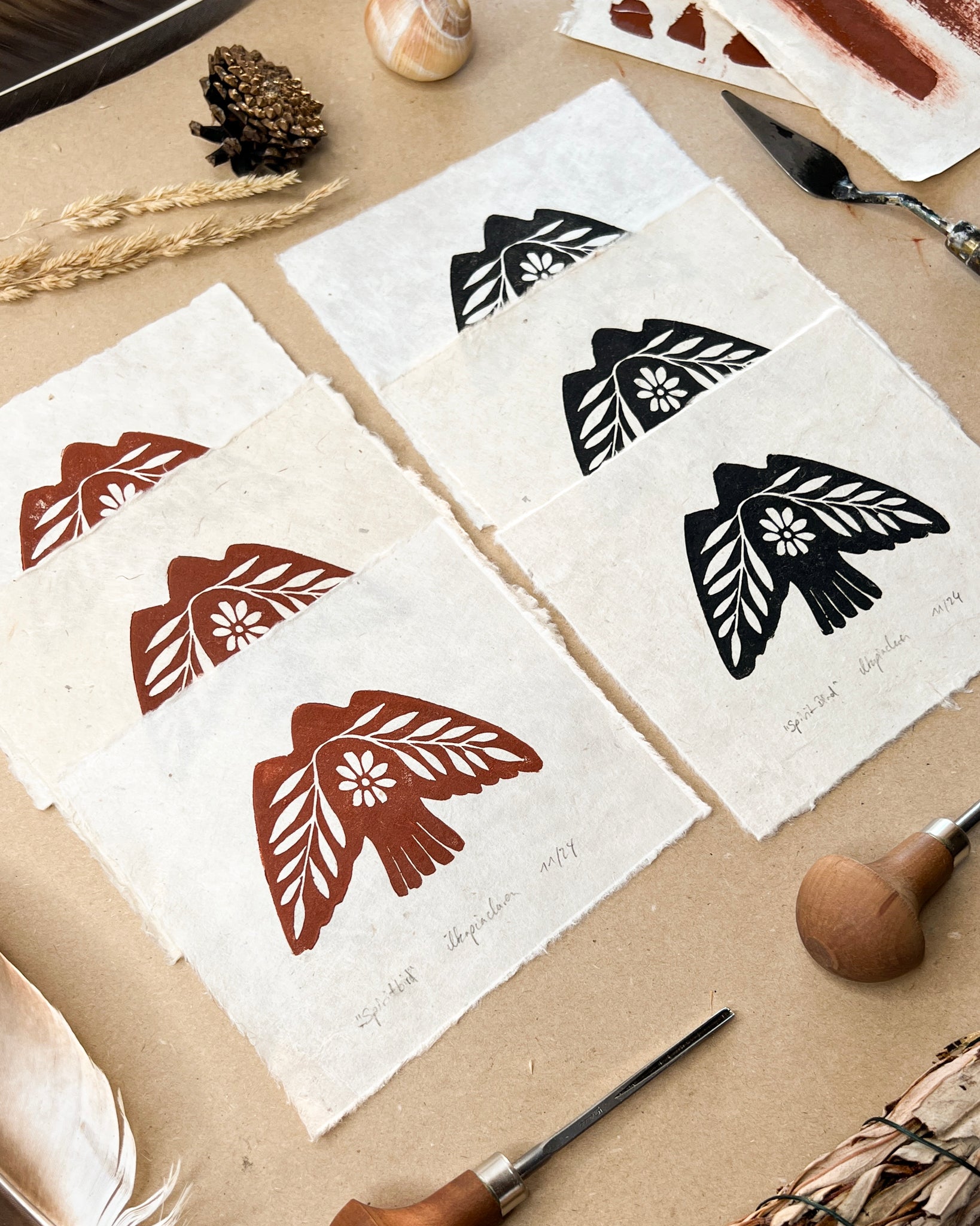 Seelenvogel Linoldruck NEUE FARBE - art.from.ilkas.heart