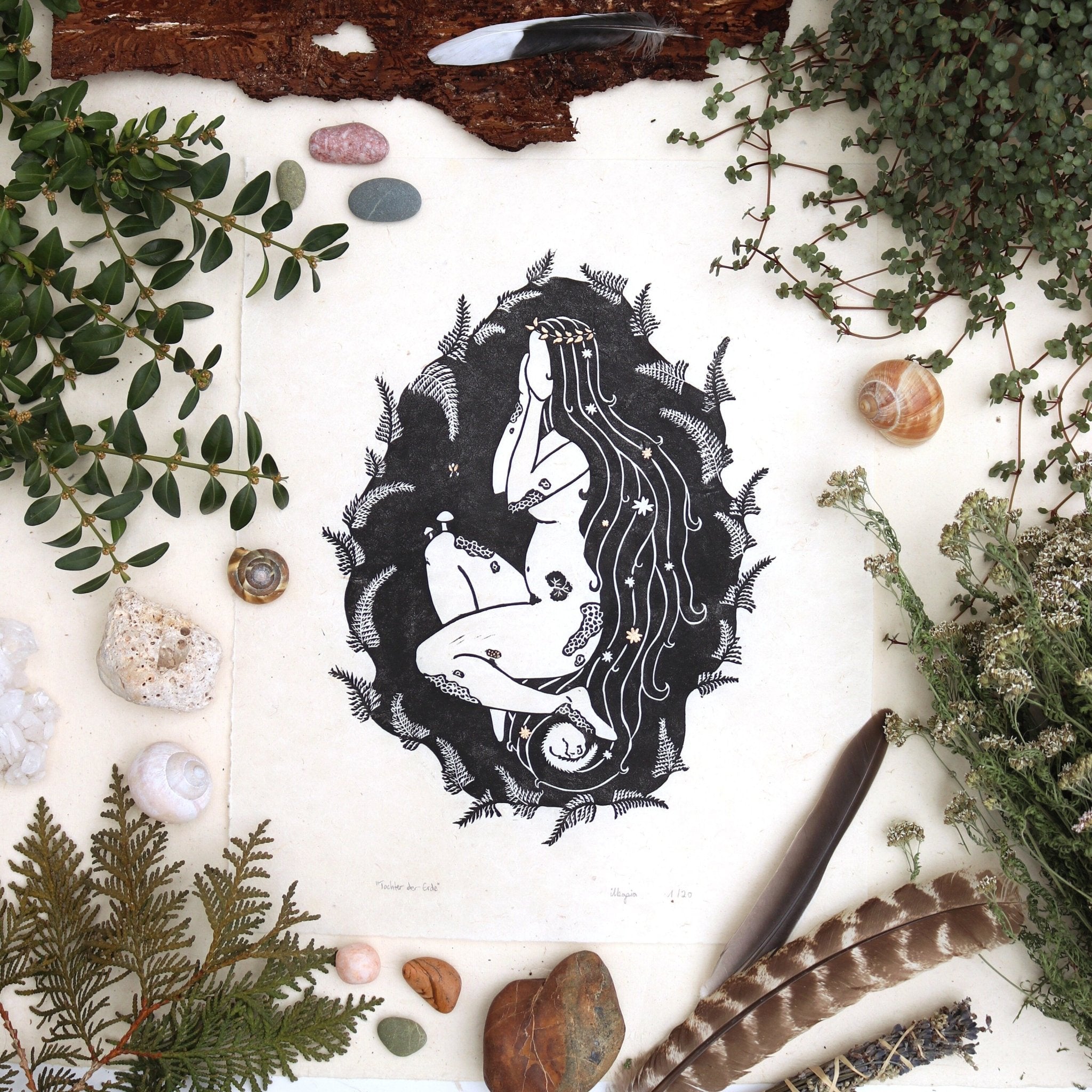 Tochter der Erde Linoldruck - art.from.ilkas.heart