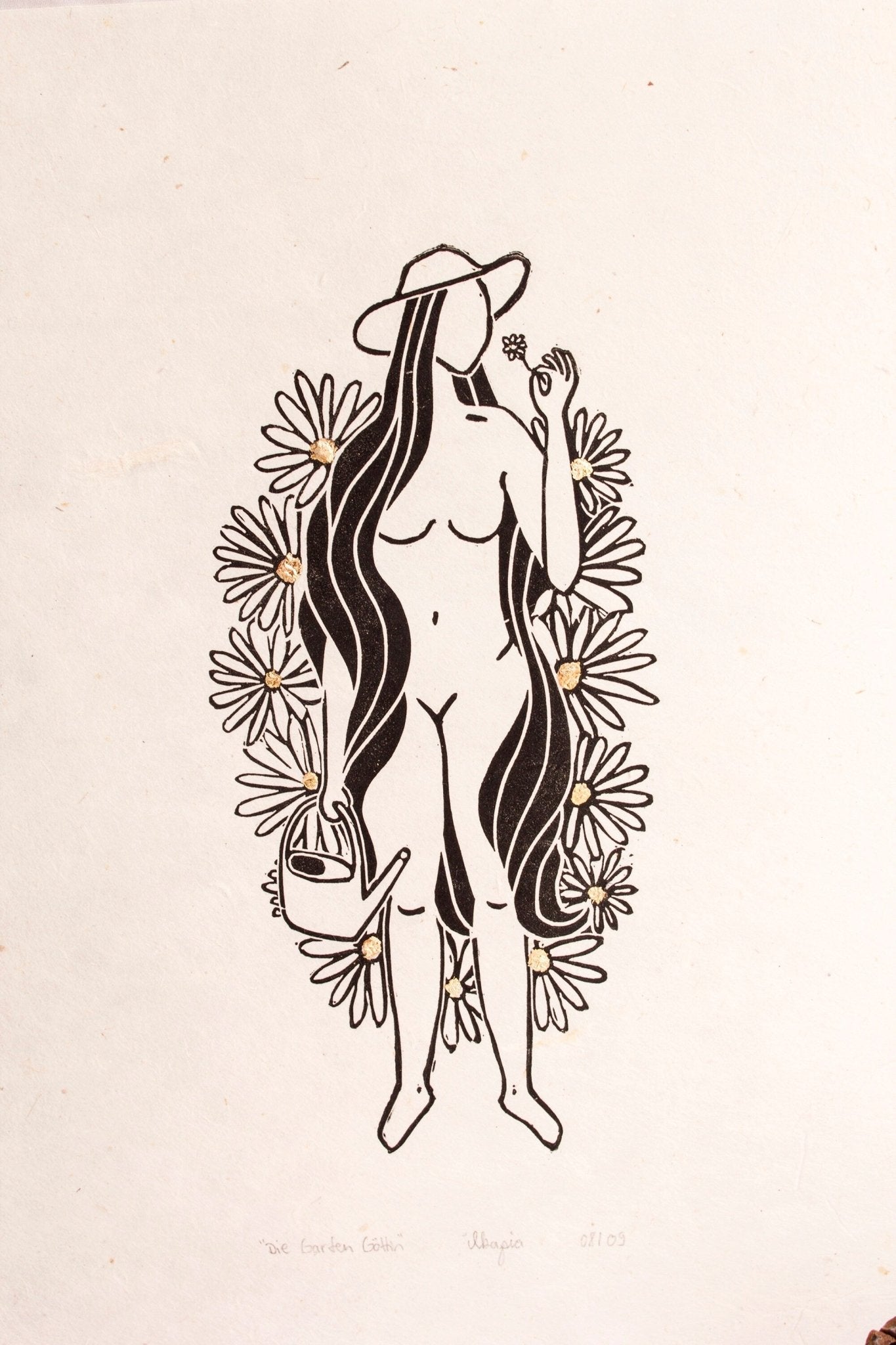Die Gartengöttin Linoldruck - art.from.ilkas.heart