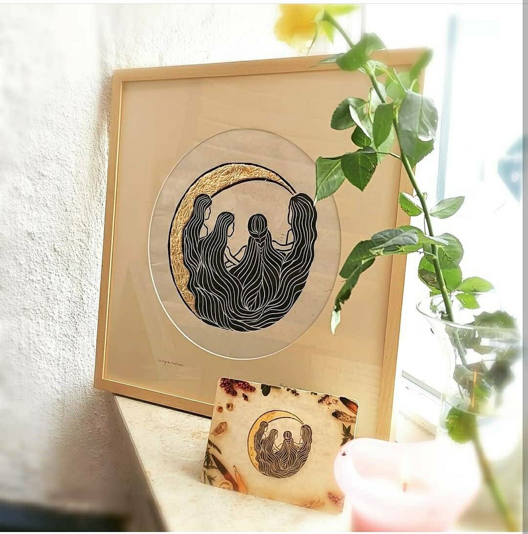 Die singenden Mondfrauen Linoldruck - art.from.ilkas.heart  
