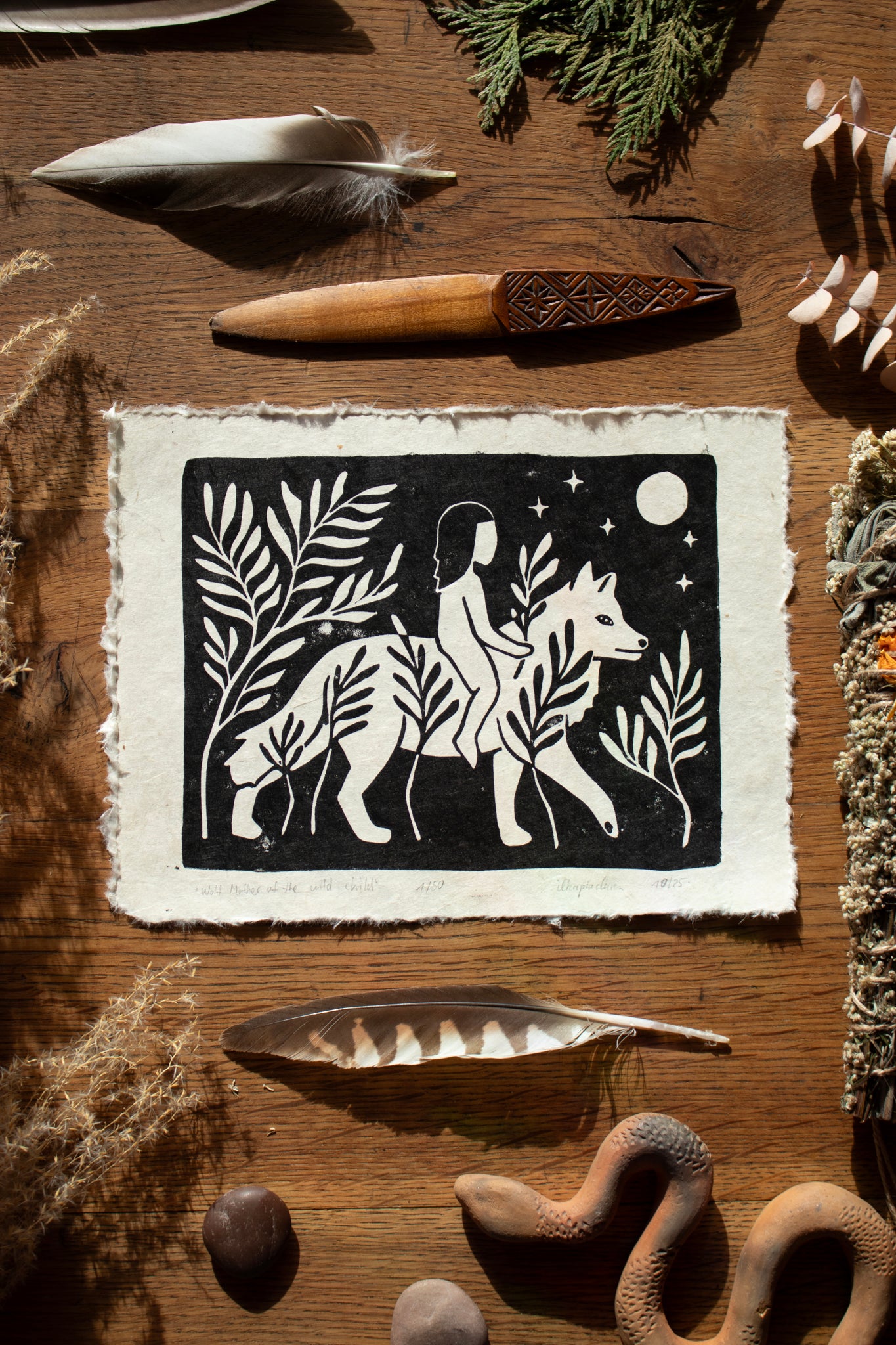 Wolf Mother of the wild Child - Linoldruck Limitiere Auflage - art.from.ilkas.heart