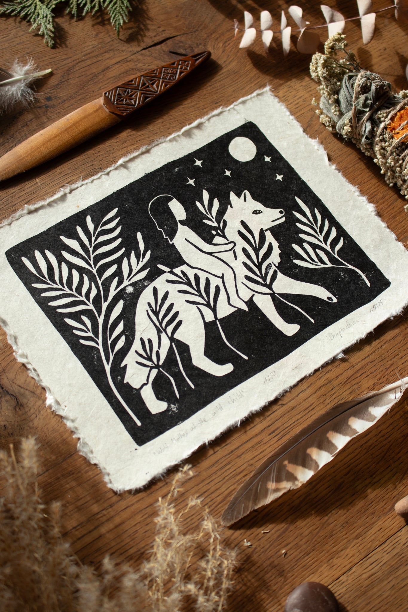 Wolf Mother of the wild Child - Linoldruck Limitiere Auflage - art.from.ilkas.heart