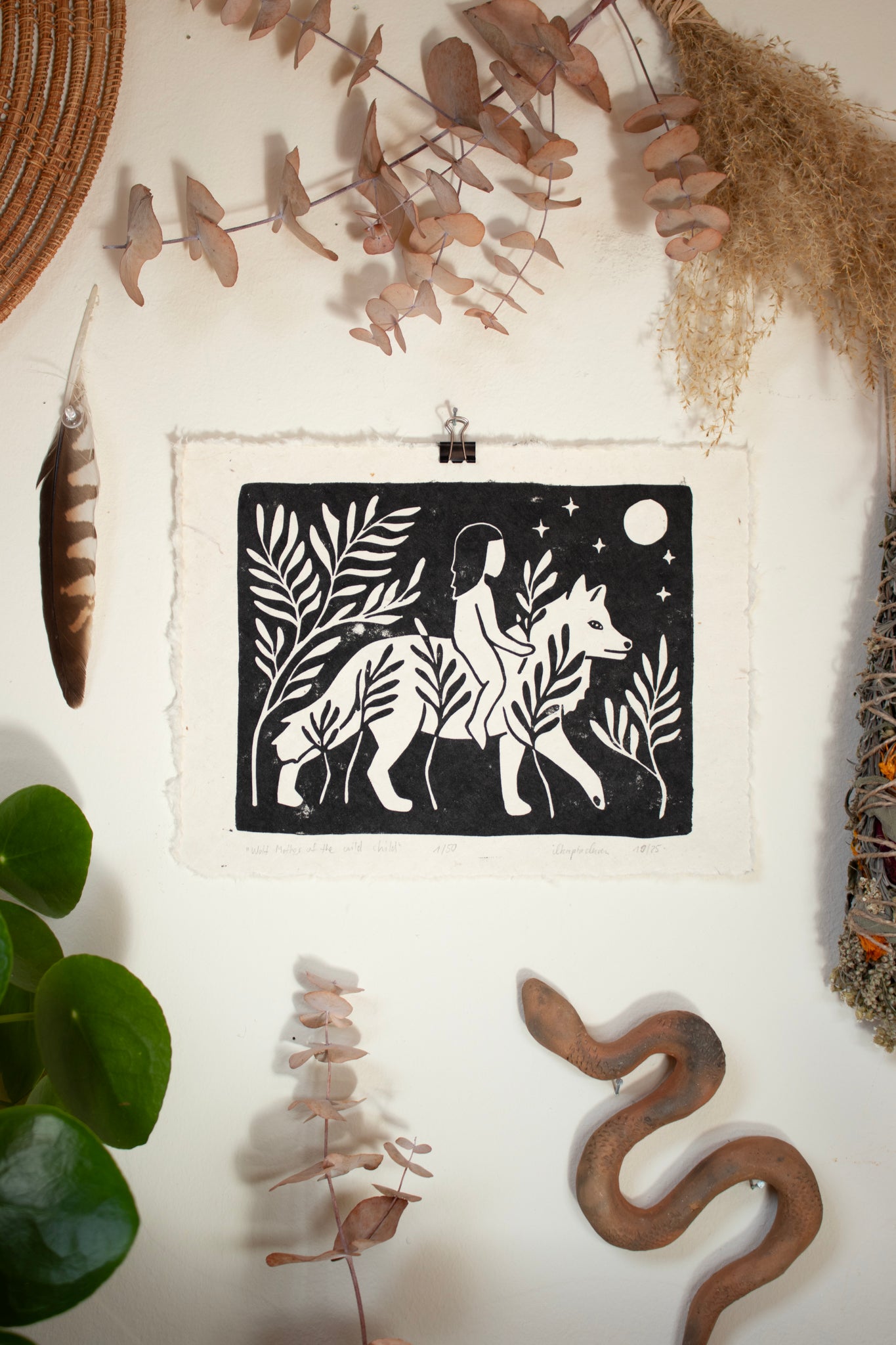 Wolf Mother of the wild Child - Linoldruck Limitiere Auflage - art.from.ilkas.heart